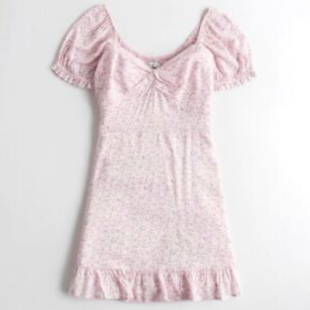 Hollister Floral Pink Twist Front Mini Dress w/ Puff Sleeve SZ M